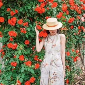 Premium 100% Ramie Floral Sleeveless Maxi Dress Boho Coastal Botanical Size M